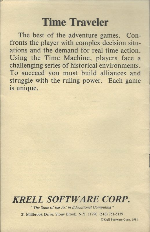 Back Cover for Time Traveler (TRS-80): Also back cover of manual
