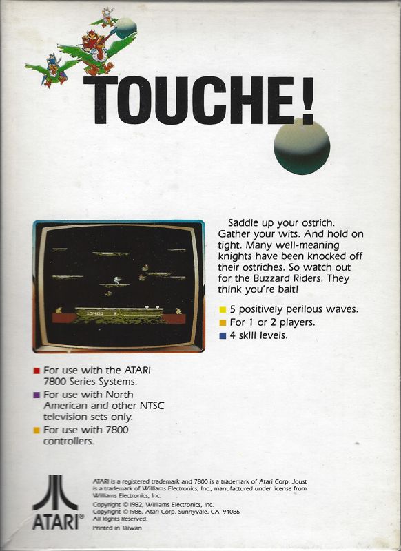 Back Cover for Joust (Atari 7800) (Earlier release with 1986 copyright)