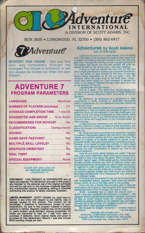 Back Cover for Mystery Fun House (Atari 8-bit) (Adventure International Styrofoam folder)