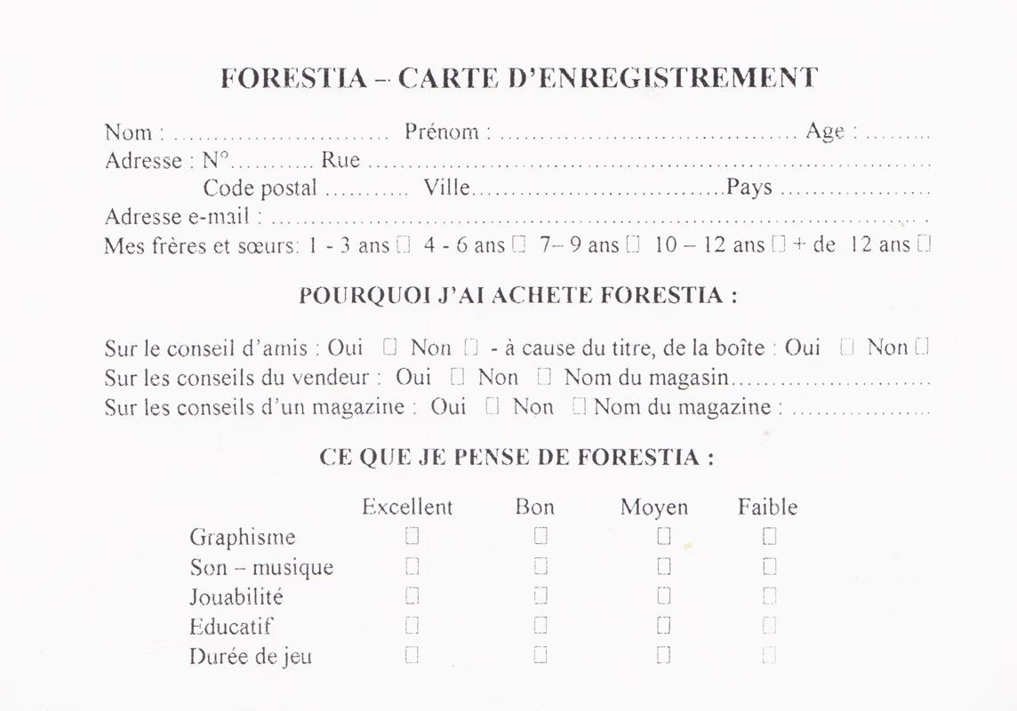 Extras for Forestia Junior (Macintosh and Windows): Registration Card - Back