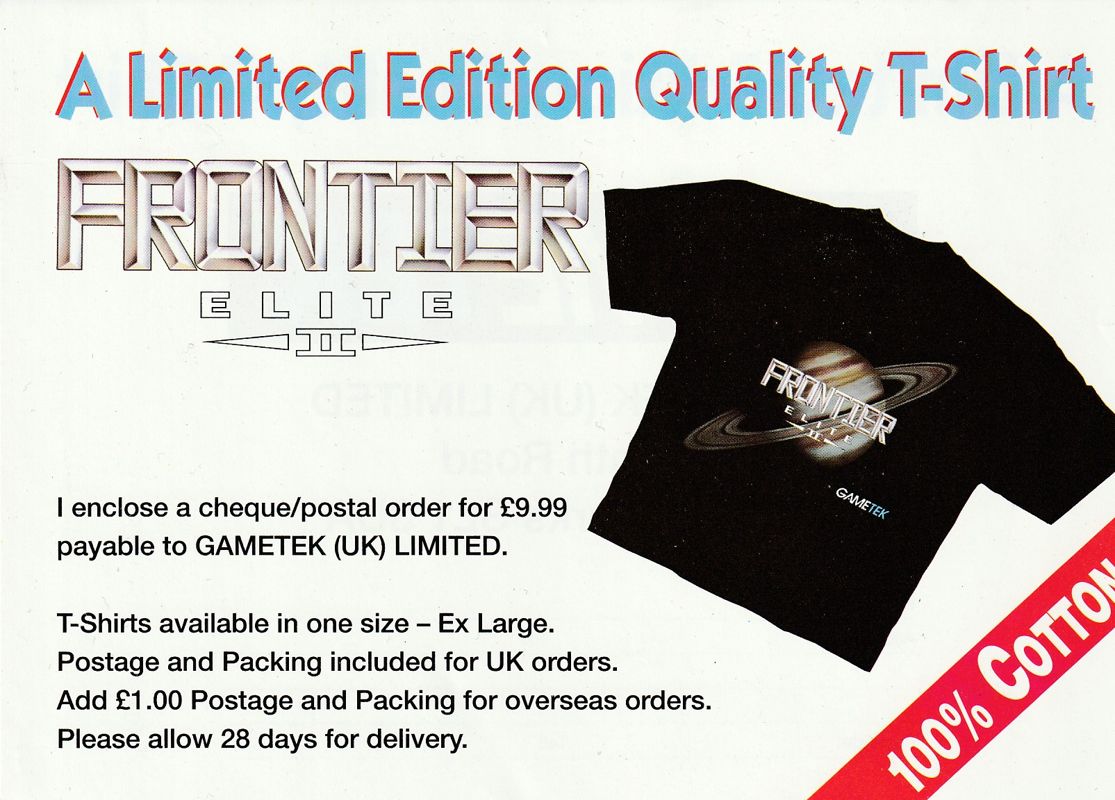 Other for Frontier: Elite II (DOS) (3.5" Disk release with 2 Disks): Order Card Merchandising - Back