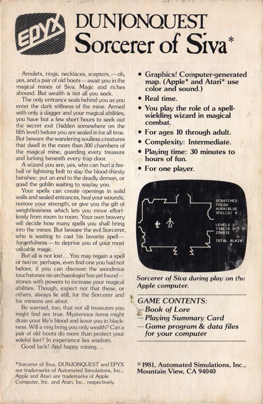 Back Cover for Dunjonquest: Sorcerer of Siva (Apple II)