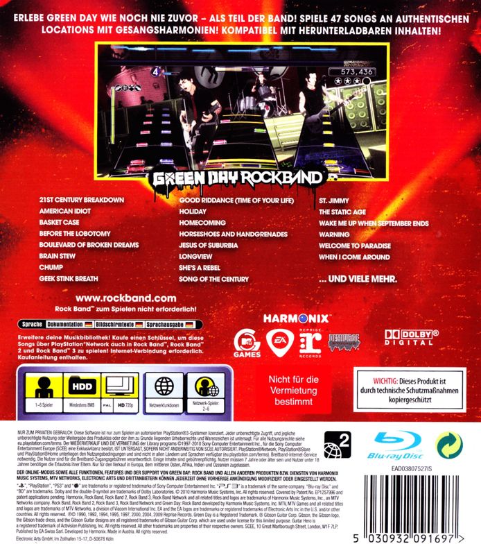 Back Cover for Green Day: Rock Band (PlayStation 3)