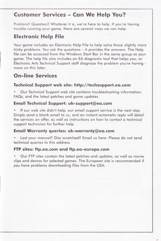 Other for Sim Theme Park (Windows) (EA Classics release (2000)): Customer Services Guide - Front (12-page)