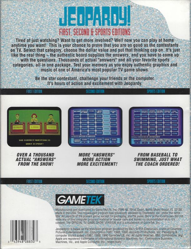 Back Cover for Jeopardy!: First, Second & Sports Editions (DOS)