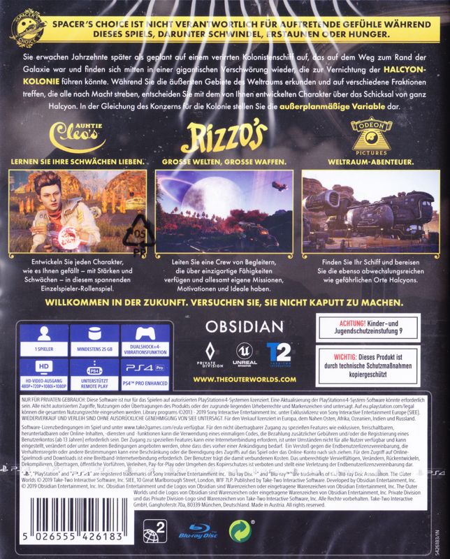 Back Cover for The Outer Worlds (PlayStation 4)