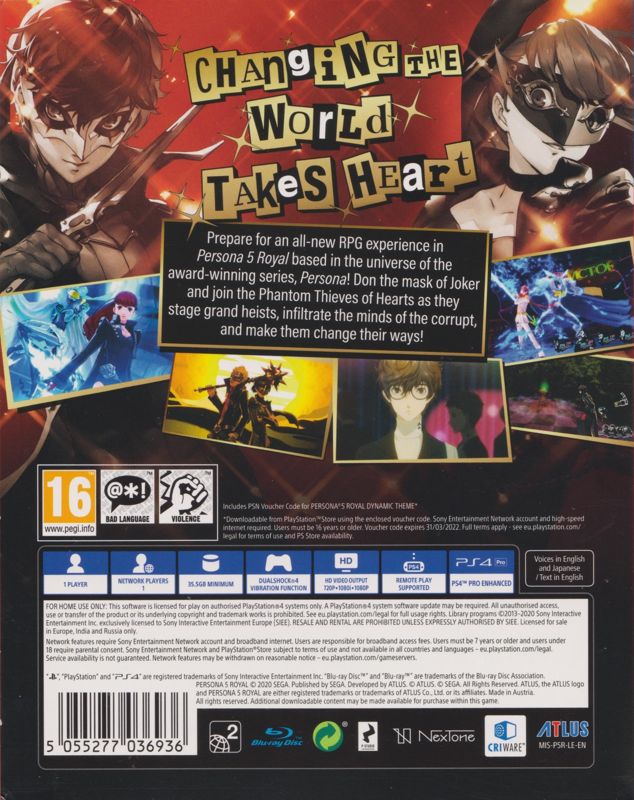 Back Cover for Persona 5: Royal (PlayStation 4) (Sleeved Steel Book)