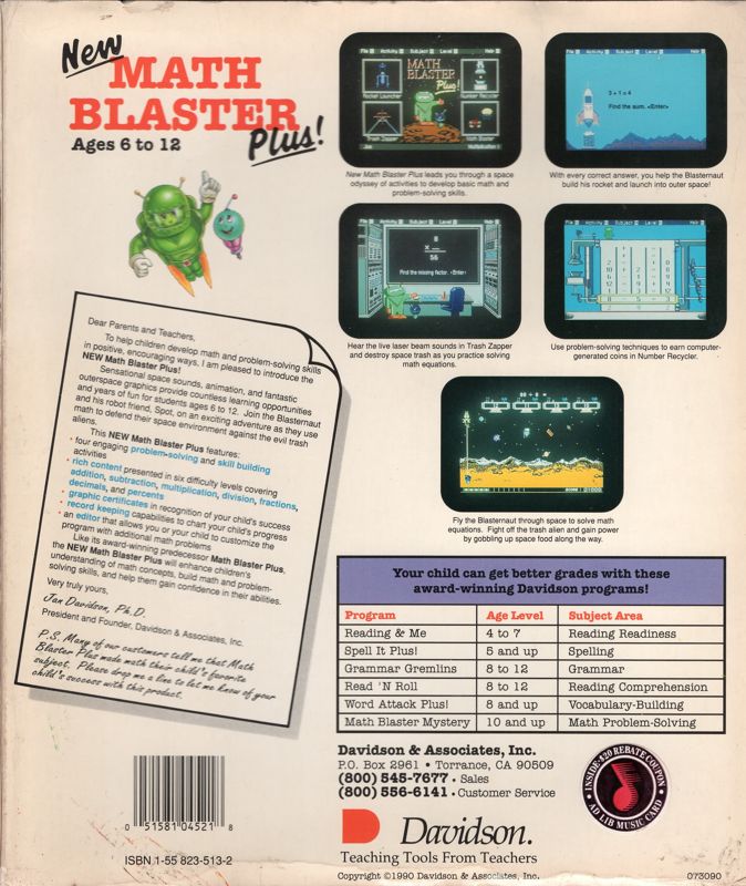 Back Cover for New Math Blaster Plus! (DOS)