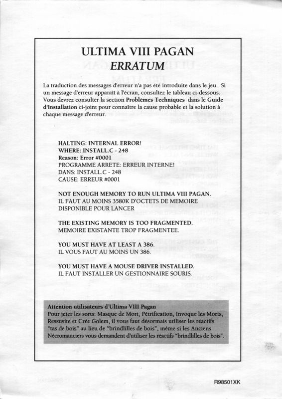Manual for Pagan: Ultima VIII (DOS): Errata - French side