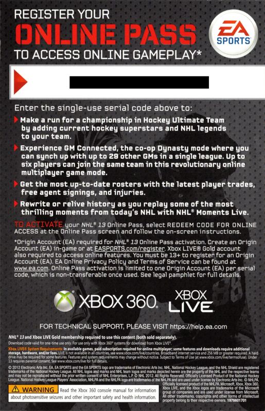 Advertisement for NHL 13 (Xbox 360): Front