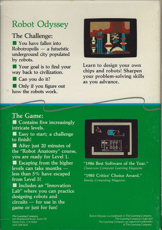 Back Cover for Robot Odyssey (DOS) (Special Tandy 1000 version)