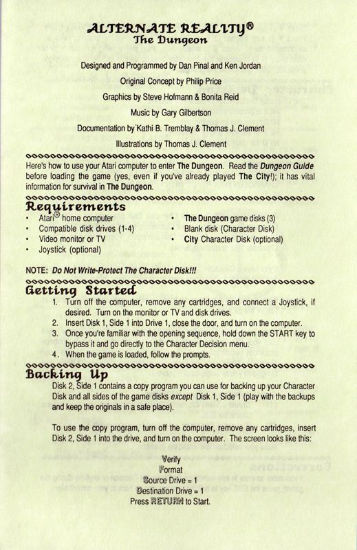 Reference Card for Alternate Reality: The Dungeon (Atari 8-bit)