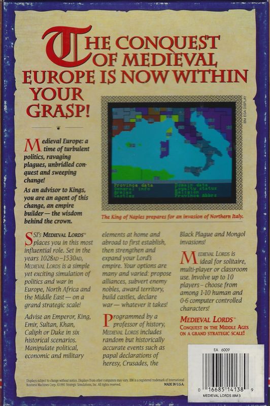 Back Cover for Medieval Lords: Soldier Kings of Europe (DOS) (3.5" floppy disk release)