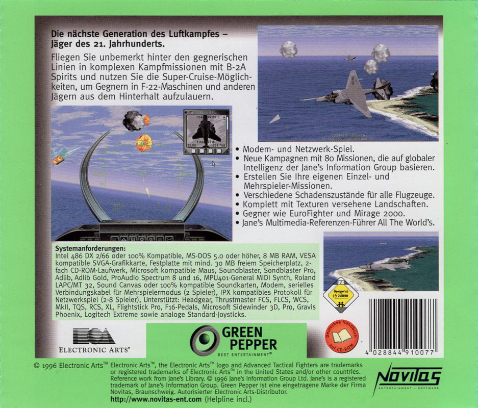 Back Cover for Jane's Combat Simulations: ATF - Advanced Tactical Fighters (DOS) (Green Pepper release (#68))