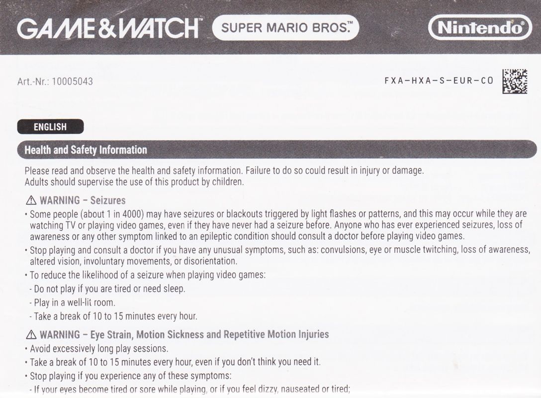 Manual for Game & Watch Color Screen: Super Mario Bros. (Dedicated handheld) (Box in Transparent Sleeve): Front (4-folded)