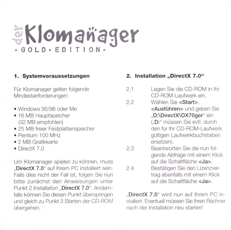 Inside Cover for Der Klomanager (Gold Edition) (Windows): Left
