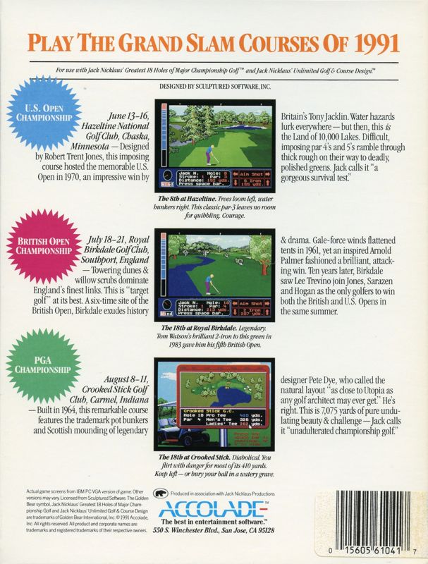Back Cover for Jack Nicklaus presents The Major Championship Courses of 1991 (DOS) (5.25" Floppy Disk release)
