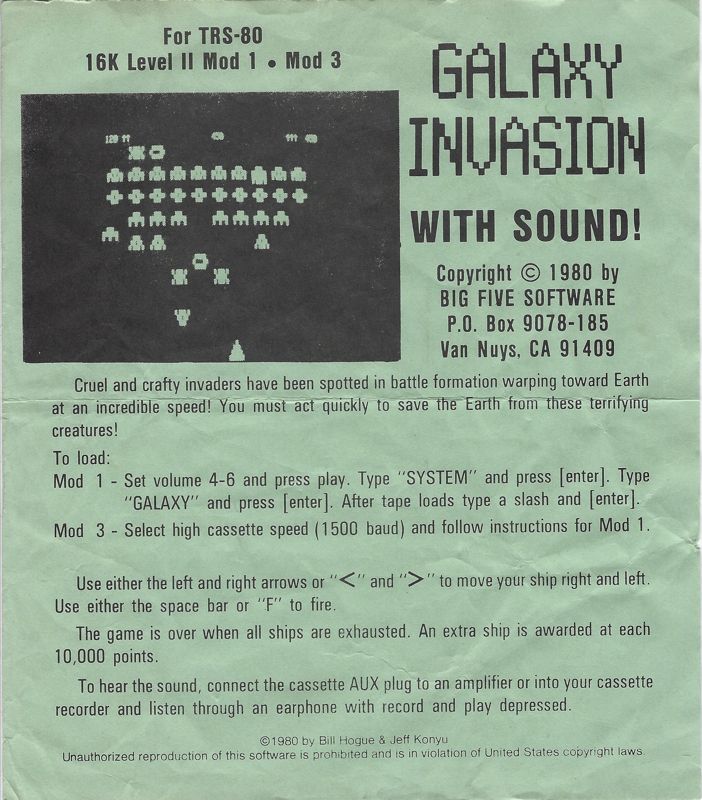 Back Cover for Galaxy Invasion (TRS-80)