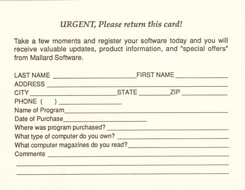 Other for Aircraft and Adventure Factory (DOS and Windows 3.x): Registration Card - Back
