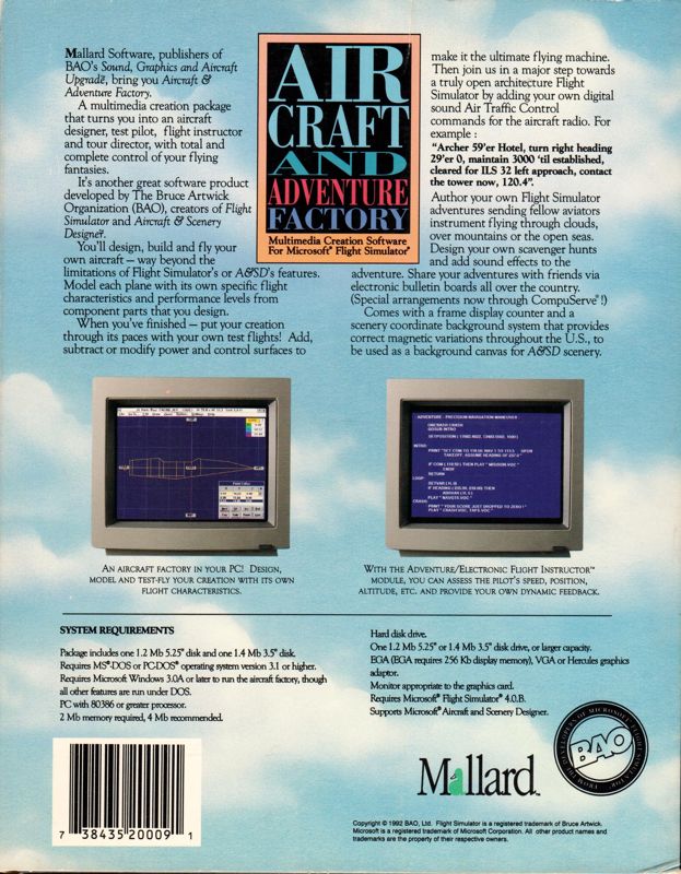 Back Cover for Aircraft and Adventure Factory (DOS and Windows 3.x)