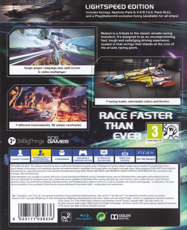 Back Cover for Redout: Lightspeed Edition (PlayStation 4)