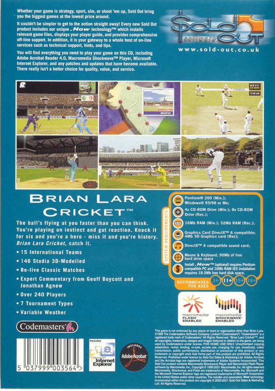 Back Cover for Brian Lara Cricket (Windows) (Sold Out Software release)