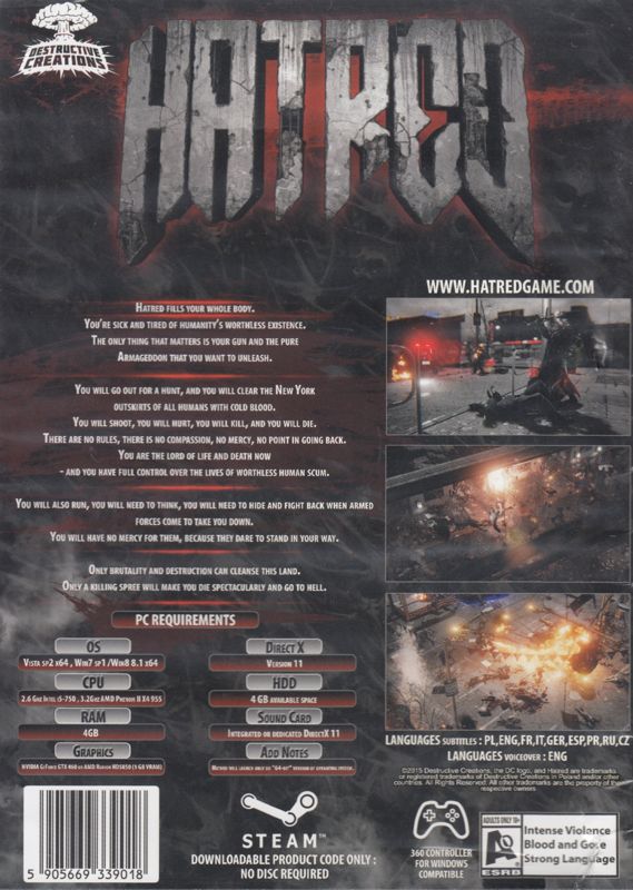 Back Cover for Hatred (Windows)