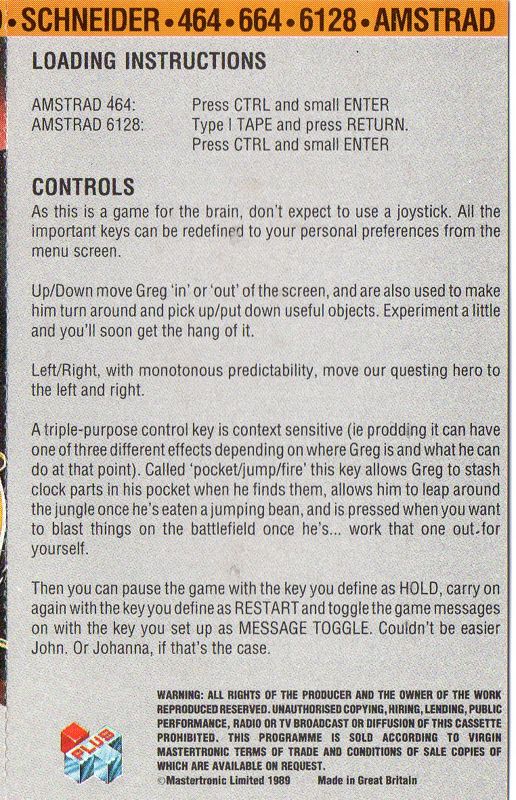 Inside Cover for Gregory Loses His Clock (Amstrad CPC)
