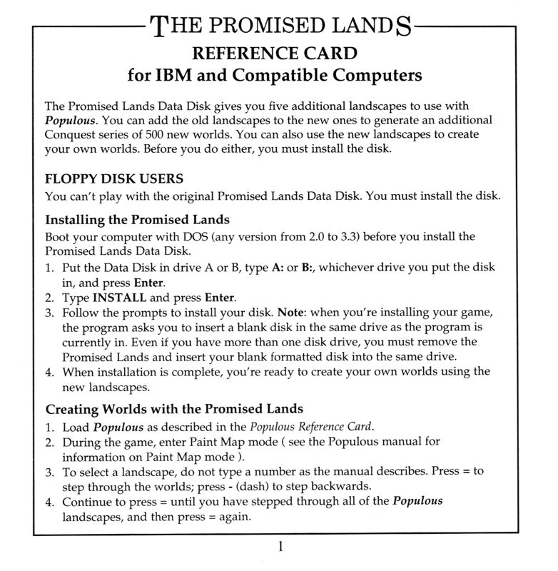 Reference Card for Populous: The Promised Lands (DOS) (3.5" Floppy Disk): Front