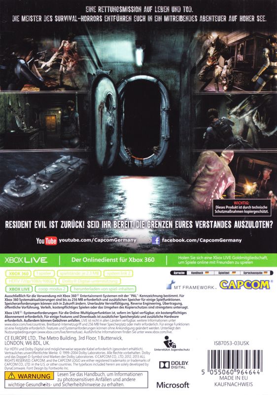 Back Cover for Resident Evil: Revelations (Xbox 360)