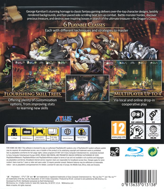 Back Cover for Dragon's Crown (PlayStation 3) (General European release)