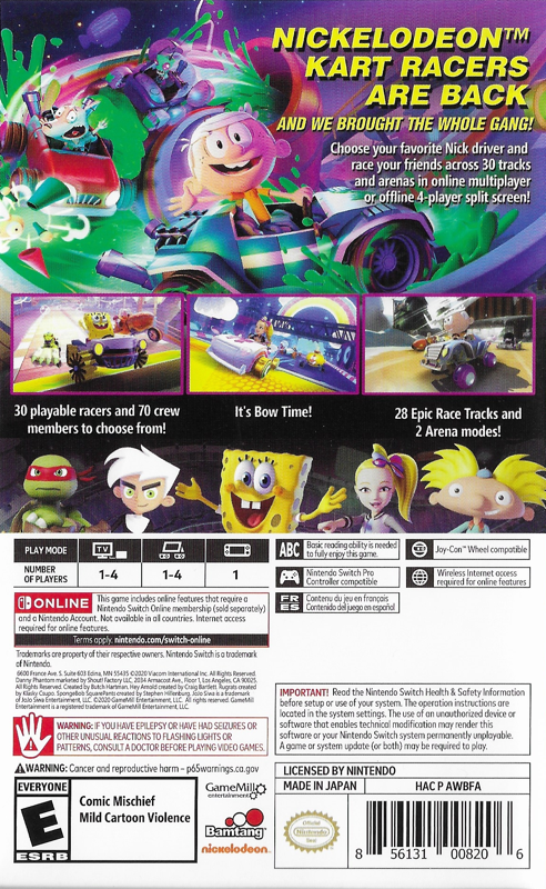 Back Cover for Nickelodeon Kart Racers 2: Grand Prix (Nintendo Switch)