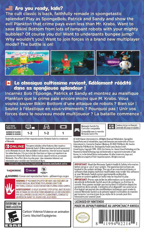 Back Cover for SpongeBob SquarePants: Battle for Bikini Bottom - Rehydrated (Nintendo Switch)