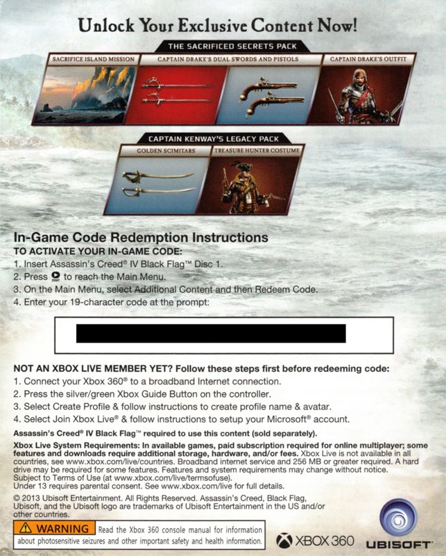 Extras for Assassin's Creed IV: Black Flag (Xbox 360) (Walmart Edition): Walmart code - Front