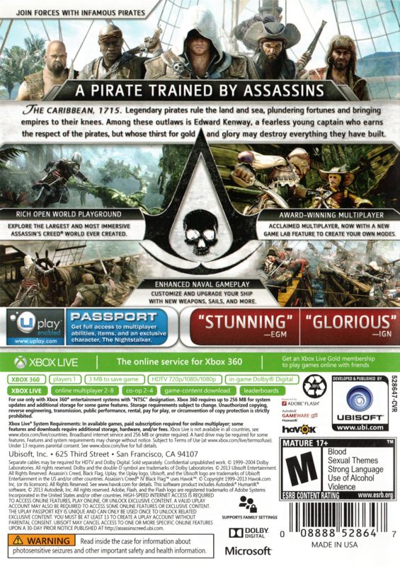 Back Cover for Assassin's Creed IV: Black Flag (Xbox 360) (Walmart Edition)