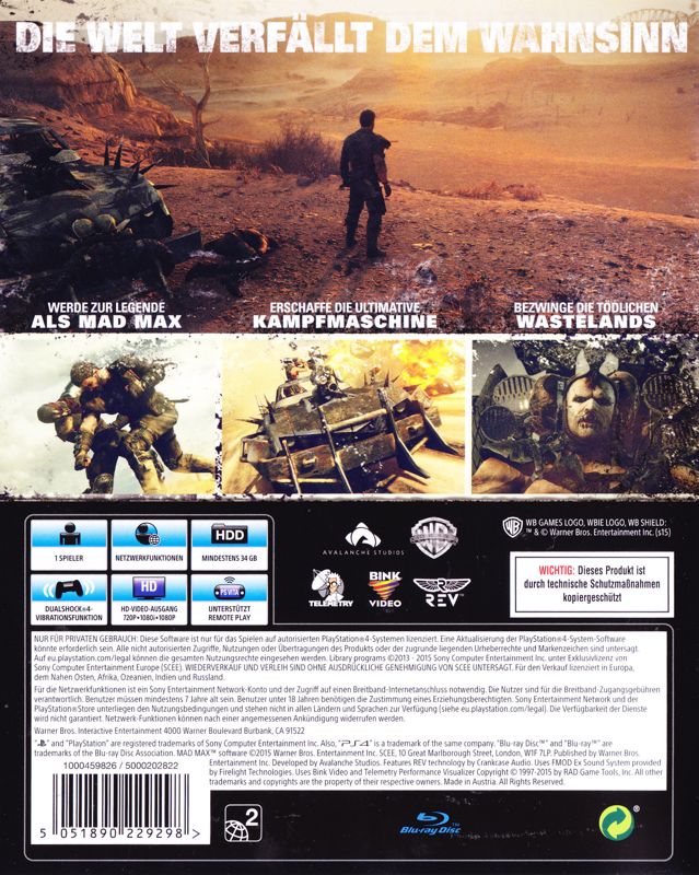 Back Cover for Mad Max (PlayStation 4)