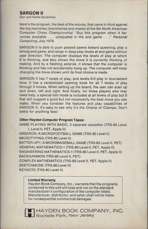 Back Cover for Sargon II (TRS-80): Also back cover of manual