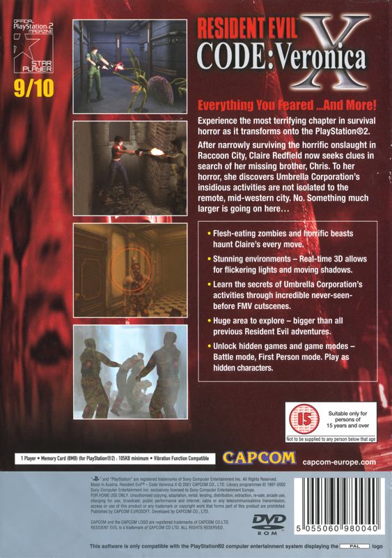 Back Cover for Resident Evil: Code: Veronica X (PlayStation 2) (Platinum release)