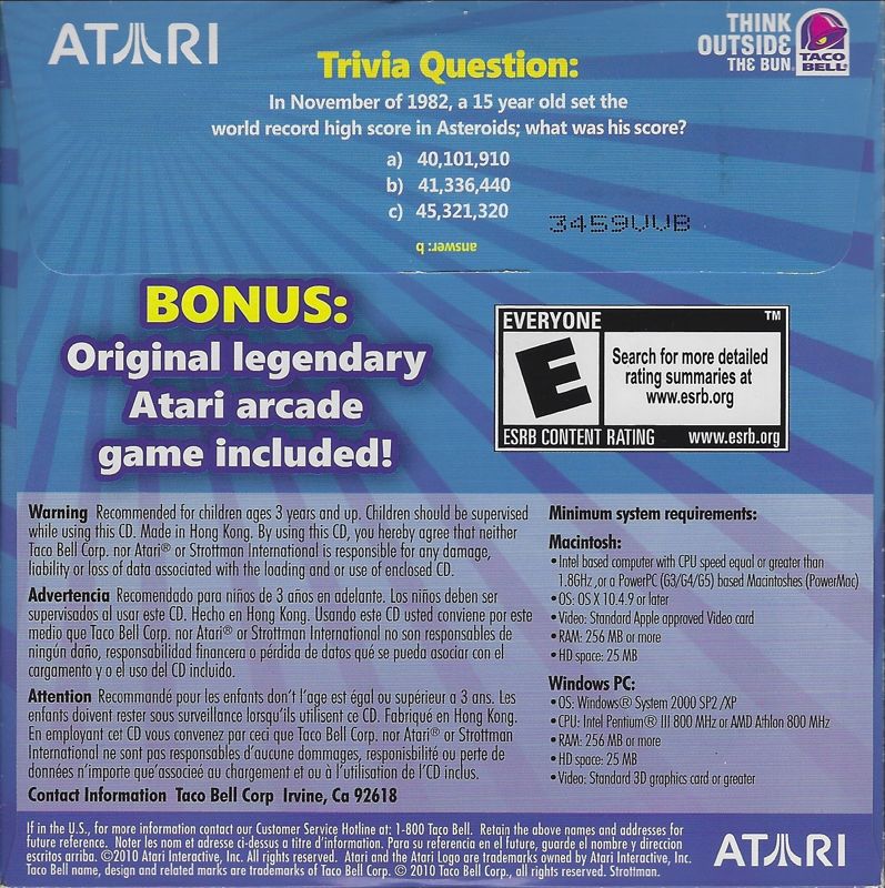 Back Cover for Asteroids (Windows)