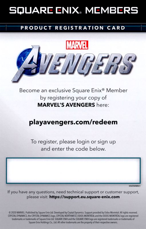 Extras for Marvel Avengers (Windows): Product Registration Card - Front