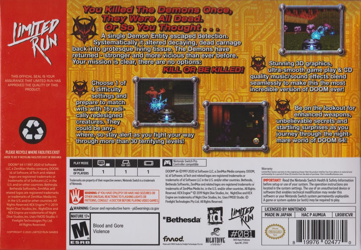 Back Cover for Doom 64 (Classic Edition) (Nintendo Switch)