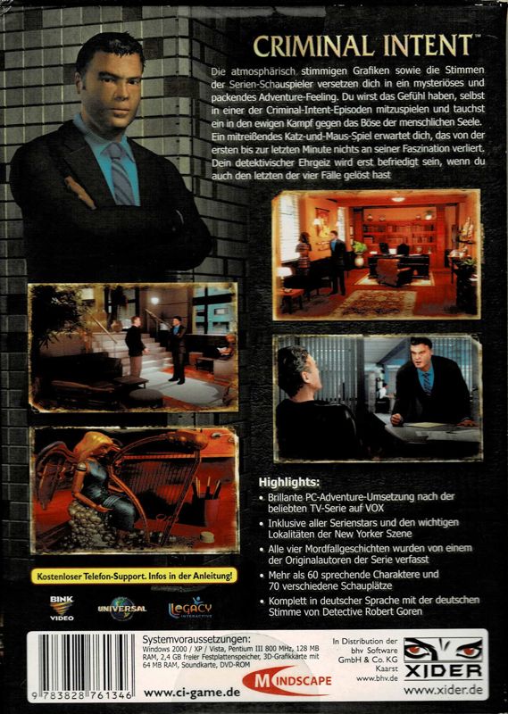 Back Cover for Law & Order: Criminal Intent (Windows) (First release)