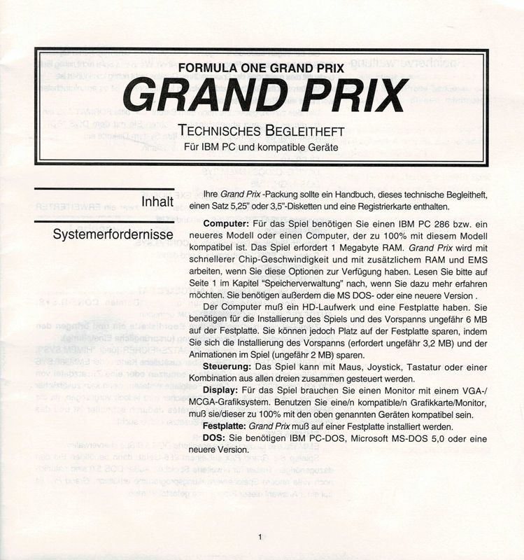 Reference Card for The Essential Selection: Sport (DOS): Formula One Grand Prix - Front