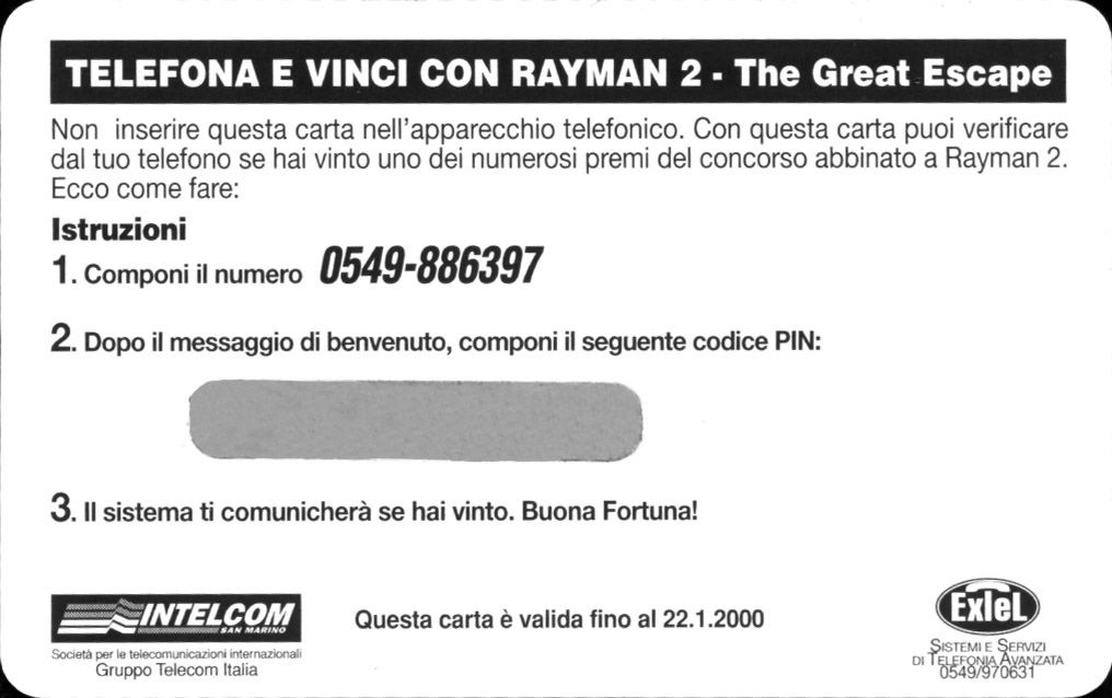 Extras for Rayman 2: The Great Escape (Windows): Telephone Competition Card - Back