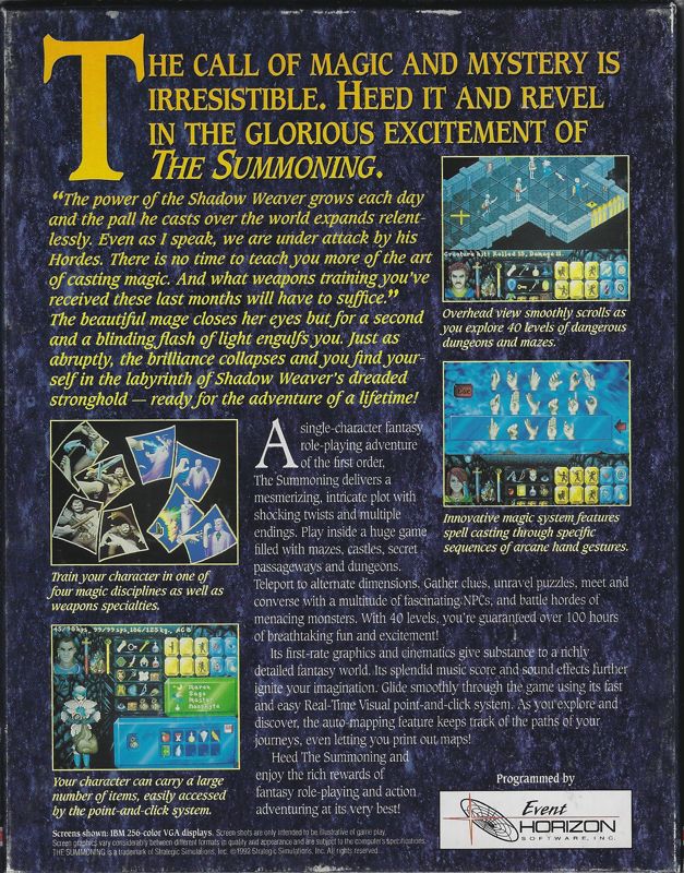 Back Cover for The Summoning (DOS) (3.5" Disk release)