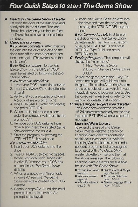 Reference Card for The Game Show (Apple II)