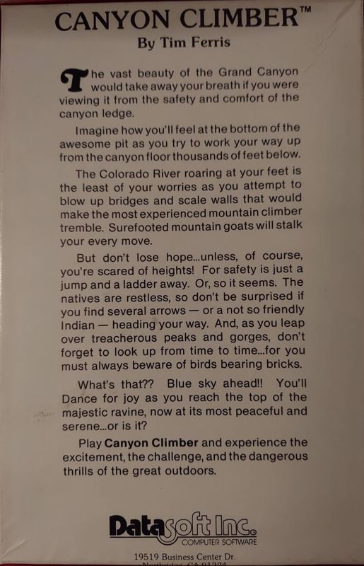 Back Cover for Canyon Climber (Apple II)