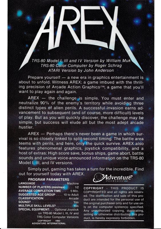 Back Cover for Arex (Atari 8-bit)