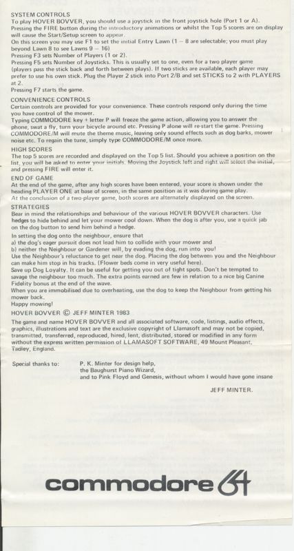 Manual for Hover Bovver (Commodore 64): back