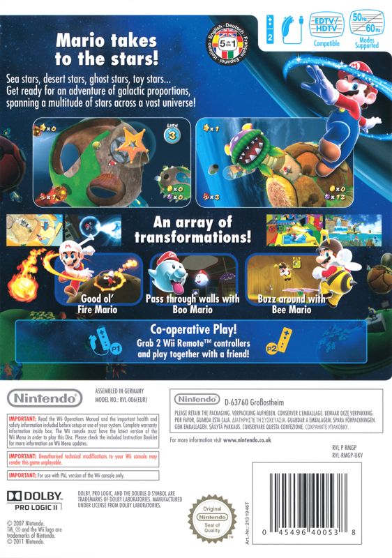 Back Cover for Super Mario Galaxy (Wii) (Nintendo Selects release)